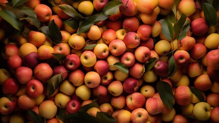 Red apples background. A vibrant assortment of red, yellow, and green apples with leaves, creating a colorful and fresh display. Full screen filled.