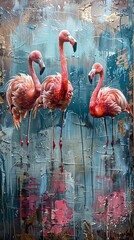 Abstract Artwork of Flamingos in Textured Blue and Pink