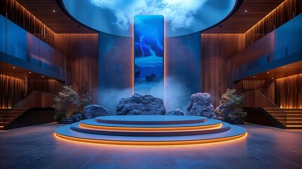 Obraz premium Front view of a stage podium with editable LED screen and podium cover options. , Minimalism,