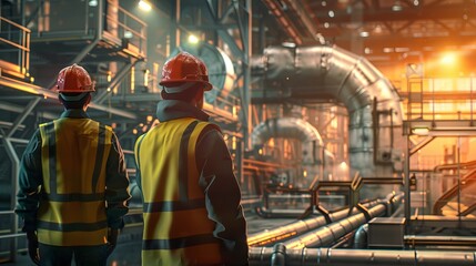 Fototapeta premium Dynamic Duo Industrial Workers in Safety Gear Surveying Factory Floor with Precision and Unity Machinery and Warm Lighting Setting the Scene for Teamwork and Efficiency