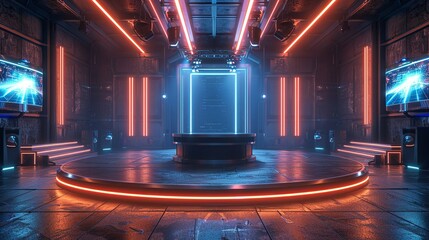 Obraz premium Front view of a stage podium with editable podium angles and digital display screens. , Minimalism,