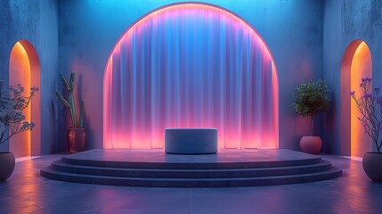 Close-up view of a podium with customizable LED screen displays and podium backdrop. , Minimalism,