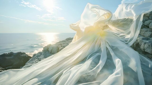 Against the backdrop of the rocky cove the billowing fabric adds a touch of delicate femininity.