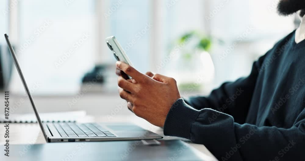 Aufkleber hands, man and smartphone with office laptop, typing and browsing online on social networking app. c