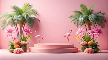 Fototapeta premium flamingo pink podium with palm trees and flowers, perfect for a summer beach party scene , Flamingo, pink, podium, palm trees
