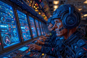 A soldier wearing a futuristic helmet and tactical gear sits in front of a digital display of screens, monitoring and controlling systems in the command center, ready to take action