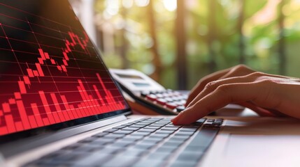 Financial Crisis Unfolding Closeup of Professional's Hands on Laptop Keyboard with Red Decline Chart Overlay in Office Setting