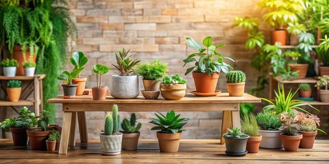 Wooden table with a variety of potted plants for home decor, wooden, table, potted plants, greenery