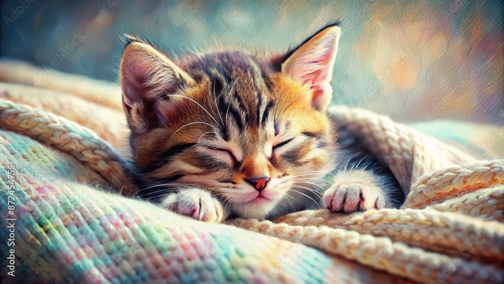 Sticker A cute kitten peacefully sleeping in bed, depicted in a pointillist flat painting style, kitten, bed, sleeping, pointillist, painting