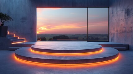 Dynamic perspective of a stage podium with modular podium elements and customizable lighting. , Minimalism,