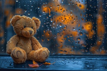A brown teddy bear sits on a windowsill, looking out at raindrops falling. The background is illuminated with orange and yellow lights, creating a cozy and melancholic atmosphere