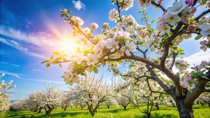 Fototapeta premium Apple tree in full bloom against blue sky on a sunny spring day, apple tree, blossom, spring, sunny, blue sky, nature