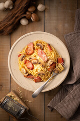 Spaghetti pasta with mushrooms and bacon.
Image of delicious pasta.