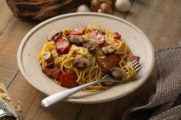 Spaghetti pasta with mushrooms and bacon.
Image of delicious pasta.