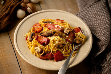 Spaghetti pasta with mushrooms and bacon.
Image of delicious pasta.
