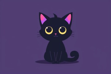 Adorable cartoon black cat with big yellow eyes and pink ears sitting on a purple background. Perfect for children's designs.