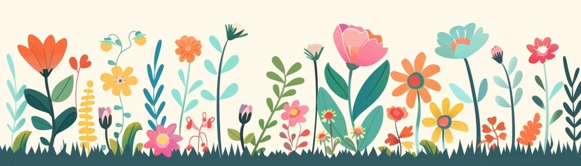 Colorful floral illustration with various flowers and plants in a whimsical style, perfect for spring themes and nature-inspired designs.