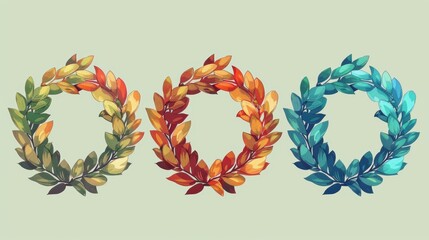 Colorful leaf wreaths set against a plain background, showcasing autumnal and winter hues in a vibrant and elegant design.