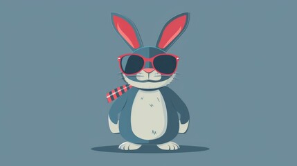 Obraz premium Cool cartoon rabbit wearing sunglasses and a scarf on a grey background. Stylish bunny character illustration with a modern and fun vibe.
