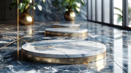 Obraz premium Elevate your projects with elegant marble podium mockups, complete with customizable gold trim and space for personalized text, ideal for prestigious occasions. , Minimalism,