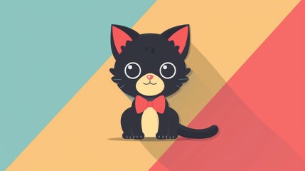 Cute cartoon black kitten with a red bowtie sitting on a colorful geometric background in pastel shades. Perfect for children's illustrations.