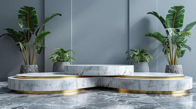 Elevate your projects with elegant marble podium mockups, complete with customizable gold trim and space for personalized text, ideal for prestigious occasions. , Minimalism,