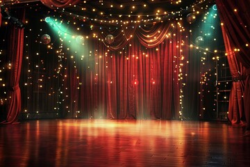 concert stage, no instruments, glitter background, metallic confetti, shades of light and gold, creative