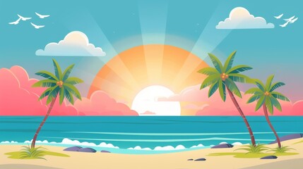 Obraz premium Scenic tropical beach at sunrise with palm trees, blue ocean, and colorful sky. Perfect for vacation and relaxation themes.