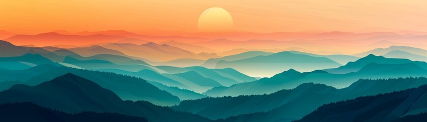 Fototapeta premium Stunning mountain landscape at sunset with layers of mist and vibrant colors in the sky. Perfect for nature lovers and travel inspiration.
