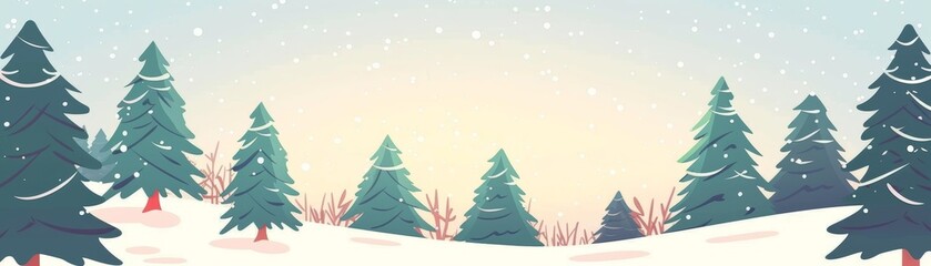 Fototapeta premium Winter landscape with fir trees covered in snow at sunset, featuring a serene and tranquil atmosphere.
