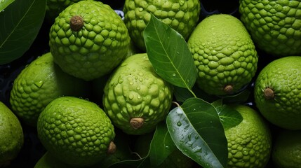 Obraz premium Cherimoya backdrop. A close-up of several fresh green breadfruits with water droplets on their surface, surrounded by green leaves.