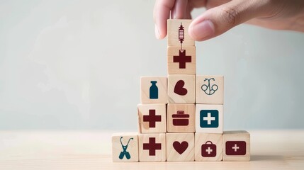 Precision Healthcare Hand Adding Final Block to Pyramid of Medical Symbols