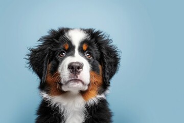 Portrait of Bernese Mountain Dog Puppy - Light Blue Background, Adorable Pet, Space for Text