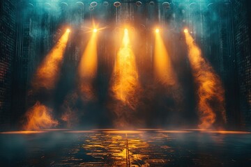 Fototapeta premium concert stage, no instruments, glitter background, metallic confetti, shades of light and gold, creative