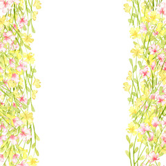 Flowers yellow and pink, small wildflowers, frame left and right watercolor illustration. Summer meadow with floral print and wildflowers. Isolated from the background. For design cards, invitations