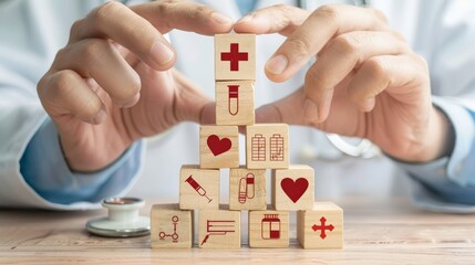 Medical Pyramid Healthcare Professional Arranging Symbolic Blocks with Trust and Reliability
