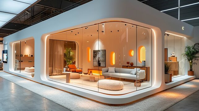 Showcase product launches with podiums offering demo areas, product displays, and interactive features tailored for marketing events and brand activations. , Minimalism,