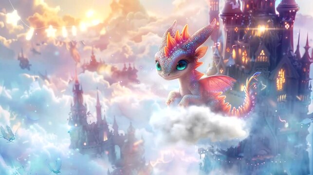 Baby dragon with castle on clouds. Seamless looping time-lapse 4k video animation background