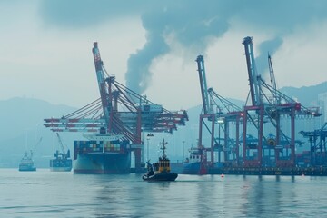 Obraz premium Industrial Harbor Scene with Container Ship and Cranes