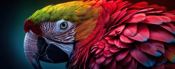 Obraz premium Closeup of a parrot with vivid and colorful feathers, soft natural light, high detail, expressive and intelligent eyes, high resolution, detailed feather texture, tropical setting