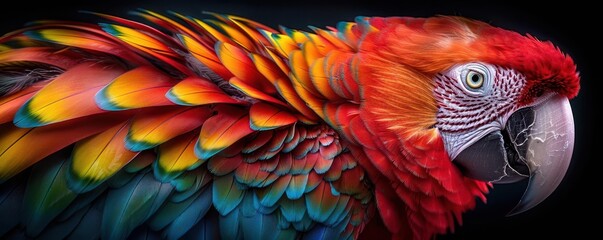 Obraz premium Closeup of a parrot with vivid and colorful feathers, soft natural light, high detail, expressive and intelligent eyes, high resolution, detailed feather texture, tropical setting