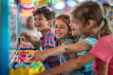 Three Children Laughing While Playing Arcade Game