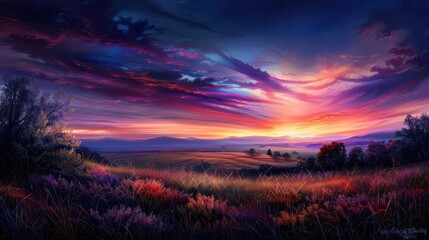 Fototapeta premium Detailed oil painting on canvas of a serene landscape, vibrant colors, realistic textures, high detail, rolling hills and clear sky, artistic brushstrokes, high resolution