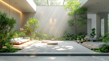 Environmental summit stage mockup with eco-friendly exhibits, sustainability talks, and green initiative banners. , Minimalism,