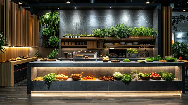 Food expo stage mockup with culinary demonstrations, food samples, and chef presentations. , Minimalism,