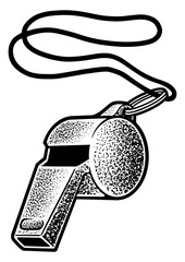 coach referee sport pea whistle sketch engraving PNG illustration. T-shirt apparel print design. Scratch board imitation. Black and white hand drawn image. © Oleksandr Pokusai