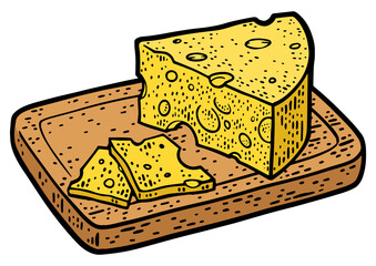 cheese sliced on a cutting board color sketch engraving PNG illustration. T-shirt apparel print design. Scratch board imitation. Black and white hand drawn image.