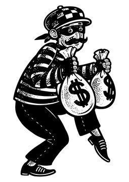 recommend clip art: thief with stolen bags of money dollars sketch engraving PNG illustration. T-shirt apparel print design. Scratch board imitation. Black and white hand drawn image.