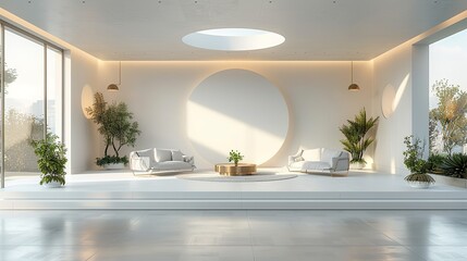 Media summit stage mockup with journalists, media interviews, and press conference backdrop. , Minimalism,