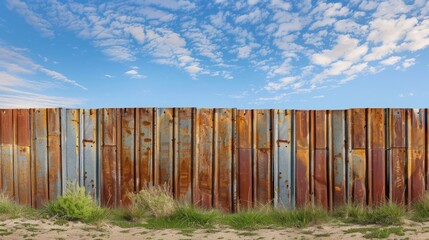 Fototapeta premium boundary fence made of corrugated metal sheets, alternating in height for a visually engaging pattern